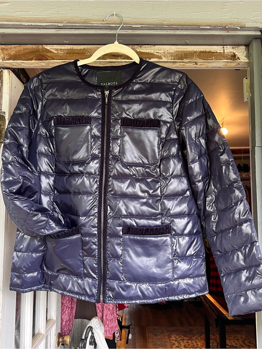 Talbots navy puffer, full zip jacket with velvet trim, lightweight, and packable